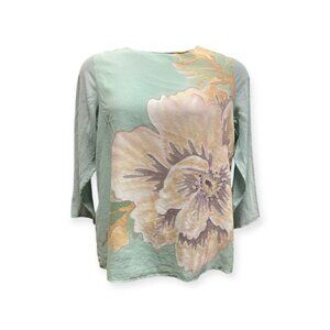 Carol Patterson 100% Silk Floral Light Pink Blue Blouse Shirt Top Size LARGE